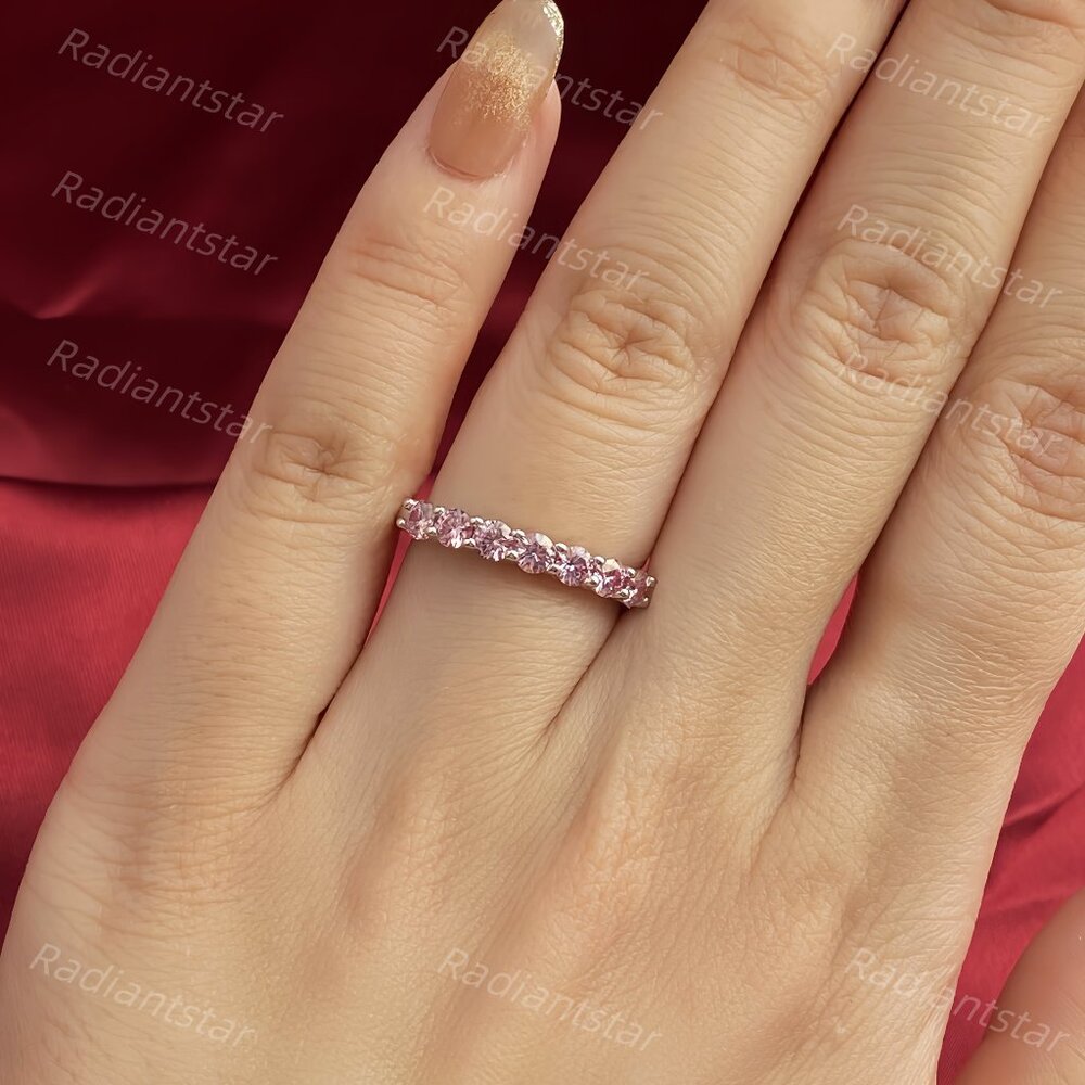 NEW Certified 3mm Pink Moissanite 7 Stone Half Eternity Band Ring - Picture 4 of 11